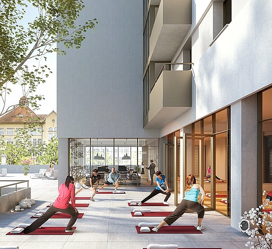 Yogastunden unter freiem Himmel: Das Terrassengeschoss soll zukünftig für Therapieräume genutzt werden. (Bild: Visualisierung der Skyline Architektur)