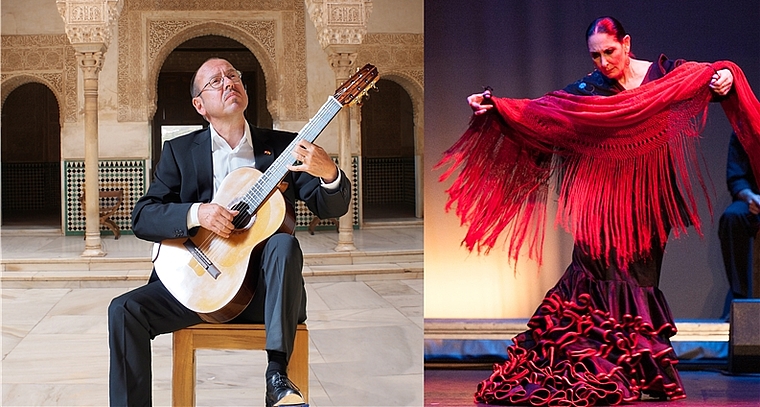 Flamenco und Klassik in einem Weihnachtskonzert vereint: Am Sonntag, 10. Dezember spielt der klassische Gitarrenvirtuose Michael Erni (l.) mit der Flamencotänzerin Julia Grecos und dem Flamencogitarristen Juan Grecos im Stadttheater. (Bild: ZVG)