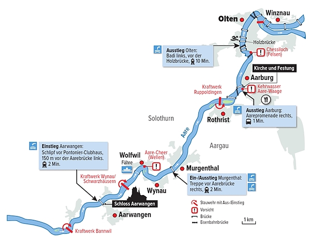 Die Tour von Aarwangen nach Olten ist gut machbar. Vor den zwei Stauwehren der Signalisation vor Ort folgen. (Grafik: Rich Weber)