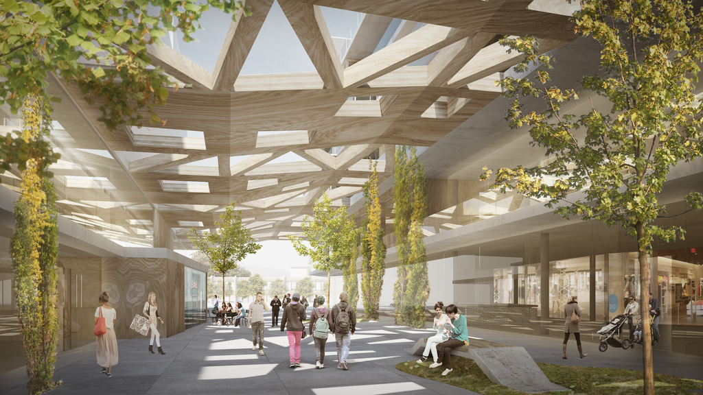 Beim Projekt Sälipark 2020 werden die beiden Gebäude an der Louis Giroud-Strasse durch eine Überdachung miteinander verbunden. (Bild: Visualisierung/ZVG)
