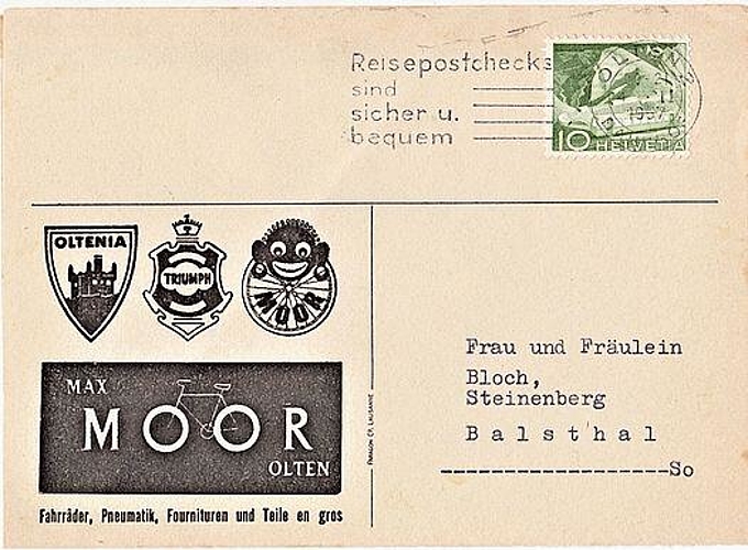 Eine Karte von 1957 mit den drei Fabrikmarken der Velofirma Max Moor.