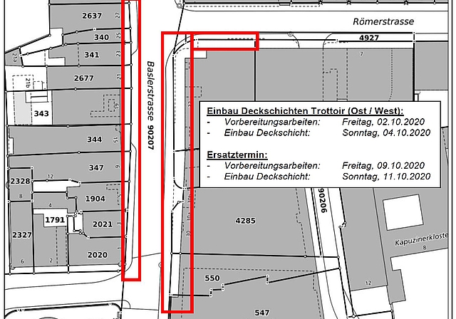 Entweder am Sonntag, 4. Oktober oder bei schlechtem Wetter erst am Sonntag, 11. Oktober werden die Deckbelagsarbeiten der beiden Trottoirs auf der Ost- und der Westseite der Baslerstrasse in Angriff aufgenommen. (Bild: ZVG)