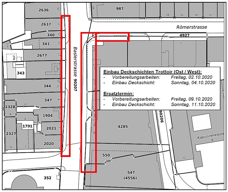 Entweder am Sonntag, 4. Oktober oder bei schlechtem Wetter erst am Sonntag, 11. Oktober werden die Deckbelagsarbeiten der beiden Trottoirs auf der Ost- und der Westseite der Baslerstrasse in Angriff aufgenommen. (Bild: ZVG)