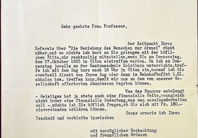 Brief des Präsidenten der Akademia Olten Hans Kunz vom 15. Oktober 1966 an Frau Professor Irma Tschudi. (Bild: Staatsarchiv Basel Stadt, PA 1098a)