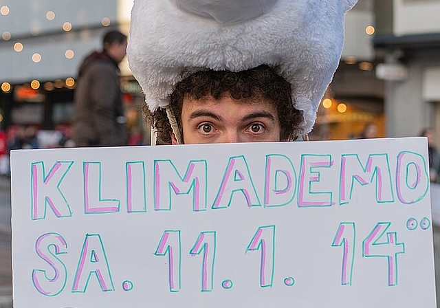 Ein als Eisbär verkleideter Klimaaktivist an der Mobilisierungsaktion vom 21. Dezember auf der Kirchgasse. (Bild: ZVG)