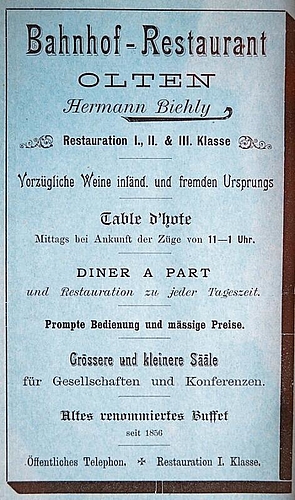 Inserat des Bahnhof-Restaurants Olten von 1897. (Bild: ZVG)