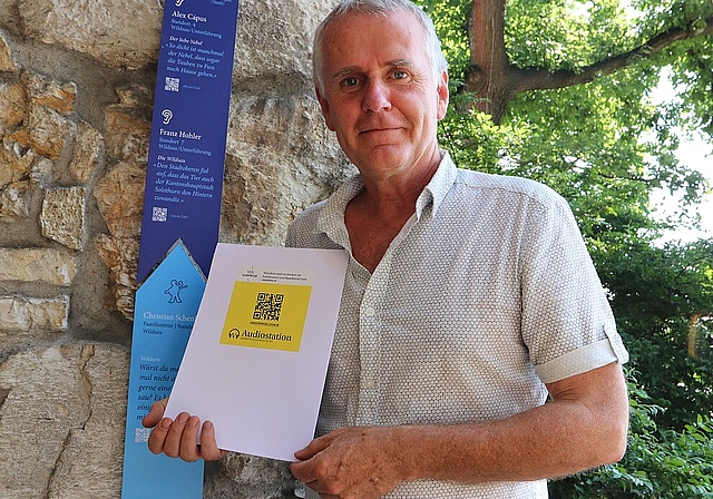 Initiator und Projektleiter Hans Weber freut sich über den Ausbau der «ViaSurprise«-Route. Die Oltner Audiostation zum «Schriftstellerweg» ist aktuell wegen Umbauarbeiten noch nicht ausgeschildert, der gelbe Hinweis sollte jedoch in nächster Ze