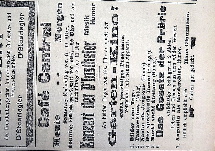 Inserate-Werbung für den Garten-Kinematographen im «Central» vom 28. Juni 1913. (Bild: ZVG)