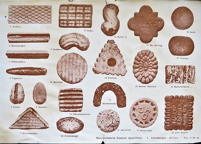 Jules Altenburgers Biscuitsfabrik produzierte 23 verschiedene Sorten Chrömli.
