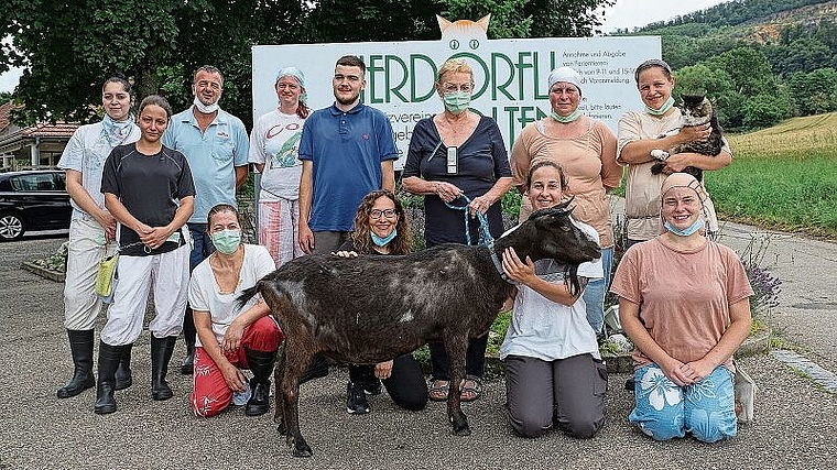 Rund die Hälfte des derzeit 22-köpfigen Tierdörfli-Teams vereint auf einem Bild. Tierdörfli-Gründerin und -Leiterin Susanne Klein ist die Dritte von rechts in der hinteren Reihe (mit Maske). (Bild: Achim Günter)