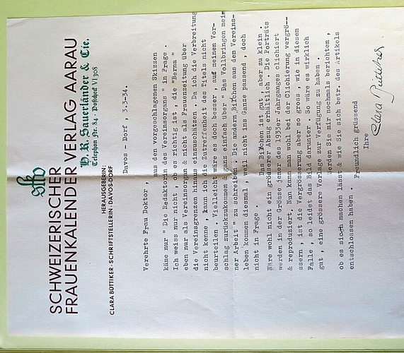 Brief von Clara Büttiker an die Autorin Agnes Debrit-Vogel, Bern. (Bild: Gosteli-Archiv)