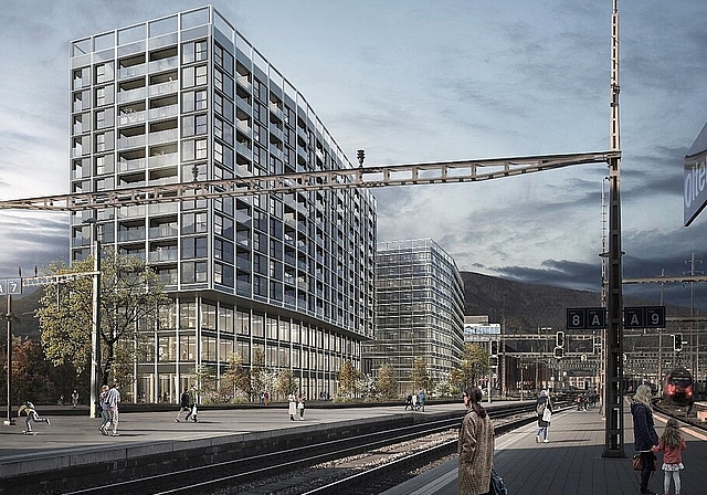 «Eine schöne Balance zwischen kraftvoller Präsenz und zurückhaltender Eleganz», so stellt sich das siegreiche Team atelier ww Architekten SIA AG aus Zürich den Kopfbau auf dem Baufeld 1 am Bahnhofplatz vor. (Bild: ZVG)