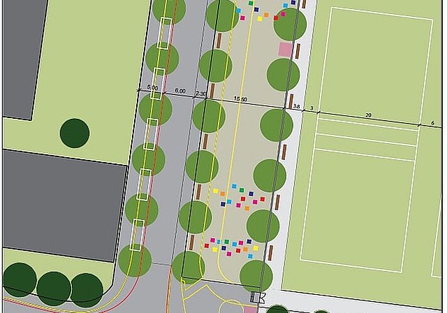 Auf der Ostseite der Bifangstrasse am Rande der Bifangmatte (r.) will der Stadtrat einen rund 15 Meter breiten öffentlichen Platz (M.) für Märkte, Anlässe wie die MIO sowie als Aufenthaltsort für die Bevölkerung schaffen. (Bild: ZVG)