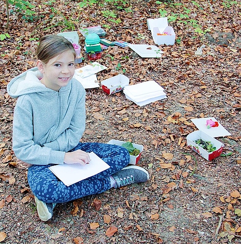 Die 11-jährige Eszter Alexay malt mit brauner Erde, grünen Blättern und Hagebutte ein Waldkunstwerk auf ihr Papier. (Bild: S. Furter)