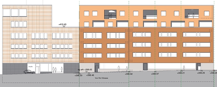 Richtprojekt: Westfassade (links mit bestehendem Arkadis-Gebäude). (Bild: ZVG)