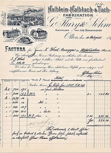 Rechnung für die der Konfektionsfirma Notker Keel-Brägger in Altstätten im St. Galler Rheintal gelieferten grauen und braunen Halbleinenstoffe.
