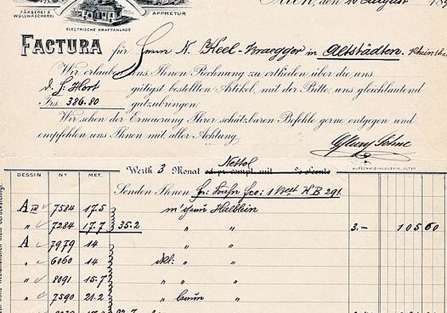 Rechnung für die der Konfektionsfirma Notker Keel-Brägger in Altstätten im St. Galler Rheintal gelieferten grauen und braunen Halbleinenstoffe.
