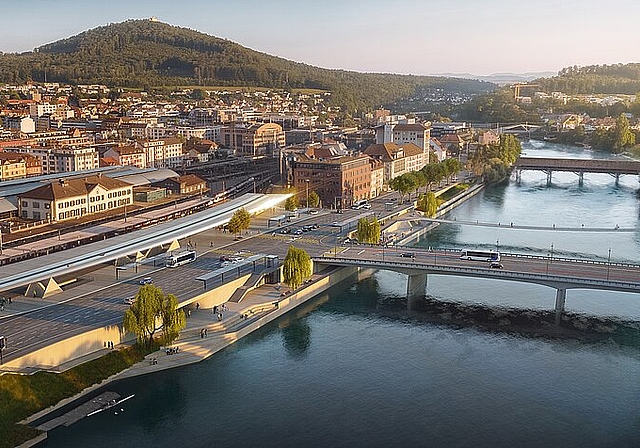 Der Stadtrat beantragt dem Gemeindeparlament an dessen Sitzung vom 24. September einen Anteil von 2,7 Mio. Franken an die Projektierungskosten des Generationenprojekts Neuer Bahnhofplatz Olten (nbo). (Bild: ZVG / Visualisierung)