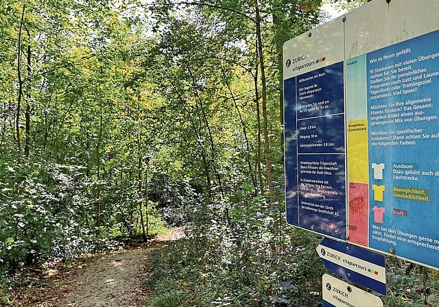 Die in der ganzen Schweiz bekannten Vitaparcours-Beschilderungen gehören auch in Olten zum Waldbild. (Bild: Caspar Reimer)