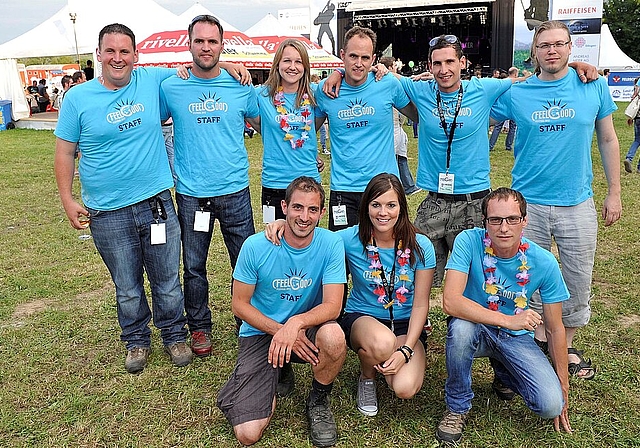 OK Feelgood Festival (v.l.h.): Andreas Widmer, Philipp Meier, Daniela Brunner, Martin Meier, Michael Hüsler und Oliver Steiner (OK bis 2014). (v.l.v.): Reto Meier, Katja Bärtschi (OK bis 2014) und Roger Brunner (es fehlt: Patrick Stampfli). (Bild: 