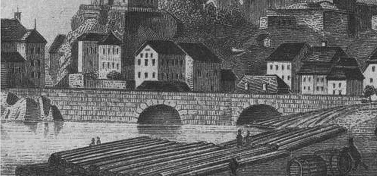 Bild von Aarburg aus dem Jahr 1850: An der Aare werden Baumstämme aus der Region zu Flossen gebunden. (Bild: ZVG)