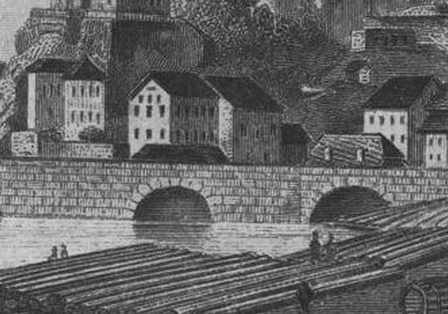 Bild von Aarburg aus dem Jahr 1850: An der Aare werden Baumstämme aus der Region zu Flossen gebunden. (Bild: ZVG)