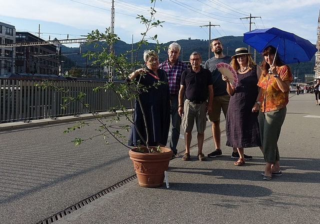 Die Grünen Region Olten besuchten kürzlich eine Reihe städtischer Hitzeinseln (v.l.): Beate Hasspacher, Felix Wettstein, Candidus Waldispühl,