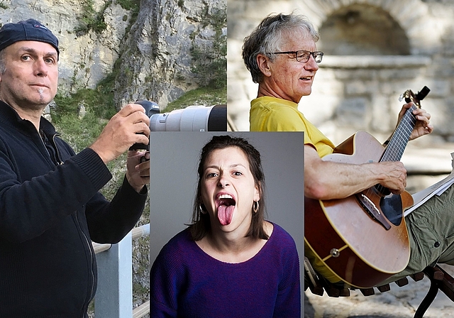 (v.l.) André Albrecht, Lisa Christ und Ruedi Stuber präsentieren in der Galicia Bar ihre anlässlich des Atelier-Stipendiums entstandenen Arbeiten. (Bild: ZVG)