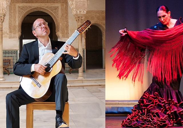 Flamenco und Klassik in einem Weihnachtskonzert vereint: Am Sonntag, 10. Dezember spielt der klassische Gitarrenvirtuose Michael Erni (l.) mit der Flamencotänzerin Julia Grecos und dem Flamencogitarristen Juan Grecos im Stadttheater. (Bild: ZVG)