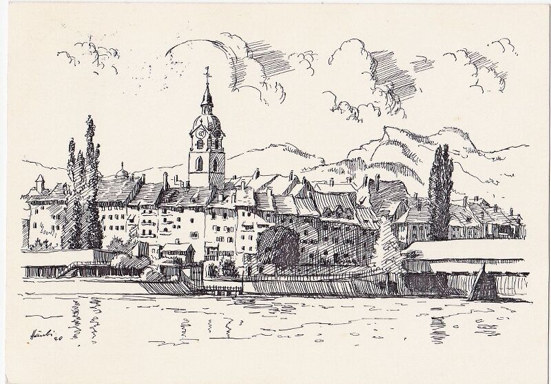Albert Häubi schuf eine Federzeichnung von der Oltner Altstadt, welche dann als Ansichtskarte gedruckt wurde. (Bilder: ZVG)
