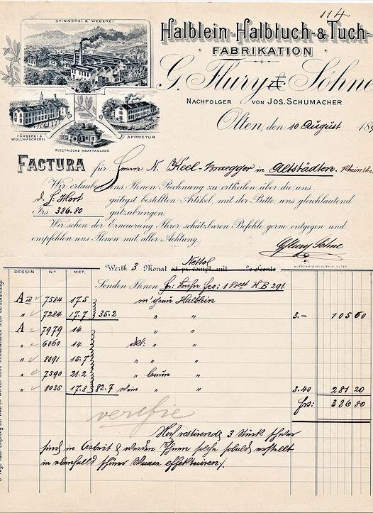 Rechnung für die der Konfektionsfirma Notker Keel-Brägger in Altstätten im St. Galler Rheintal gelieferten grauen und braunen Halbleinenstoffe.
