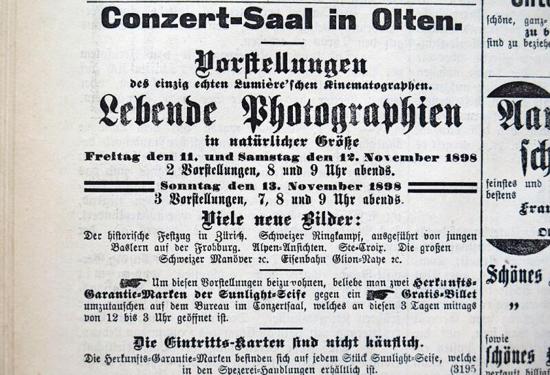 Vorstellung des Lumière’schen Kinematographen 1898 durch die Firma Sunlight / Helvetia Seifen. (Bild: ZVG)
