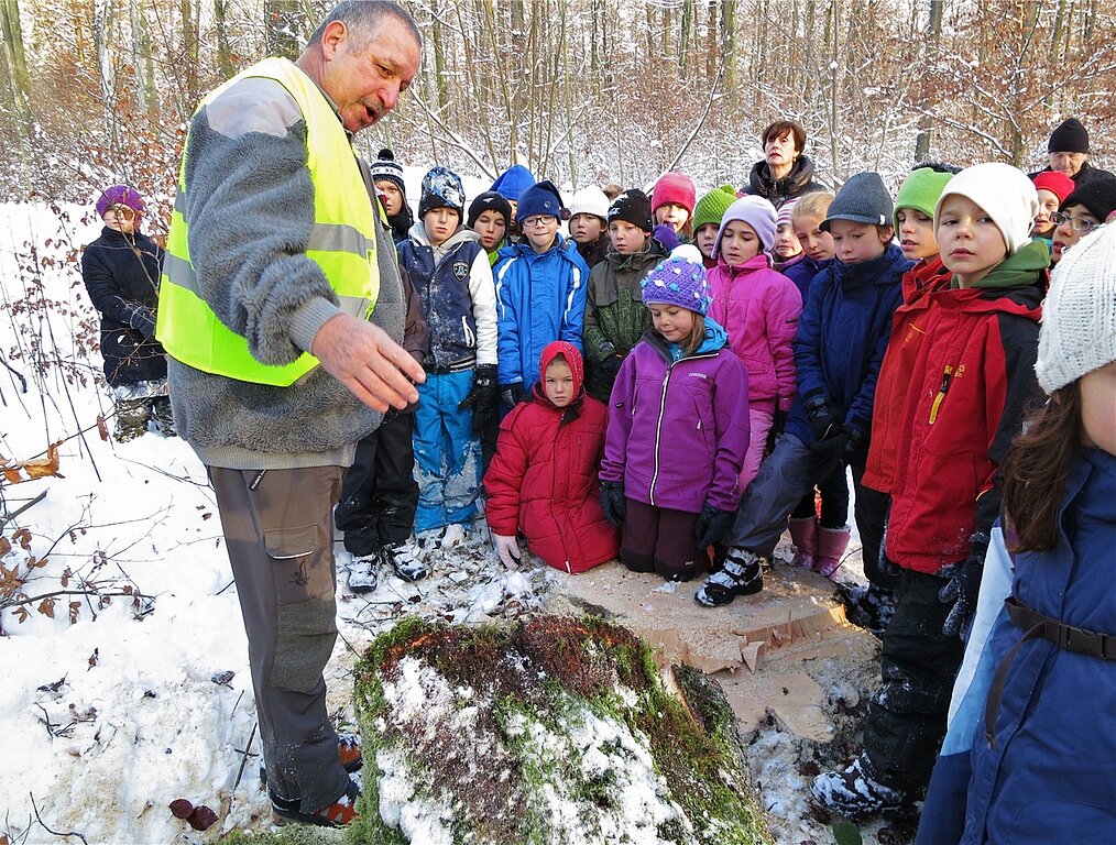Förster Markus Frey während einer Schulexkursion in seinem Element. ZVG)Es gehört zum Beruf, bei jedem Wetter draussen zu sein. ZVG)